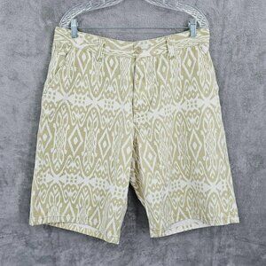 Parish Nation Mens Bermuda Shorts 38 Tan Cream Ikat Print Button Fly Retro 90s